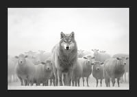 Lobo fotorrealista cercado por ovelhas em paisagem nebulosa-5