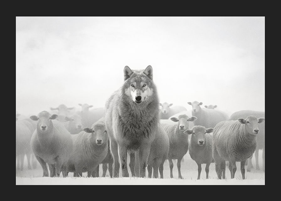 Lobo fotorrealista cercado por ovelhas em paisagem nebulosa-12