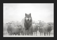 Loup photoréaliste entouré de moutons dans un paysage brumeux-5