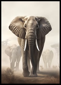 Photorealistic herd of elephants on dusty savannah in soft tones-6