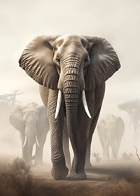 Photorealistic herd of elephants on dusty savannah in soft tones-7