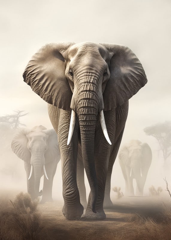 Photorealistic herd of elephants on dusty savannah in soft tones-12