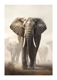 Photorealistic herd of elephants on dusty savannah in soft tones-1