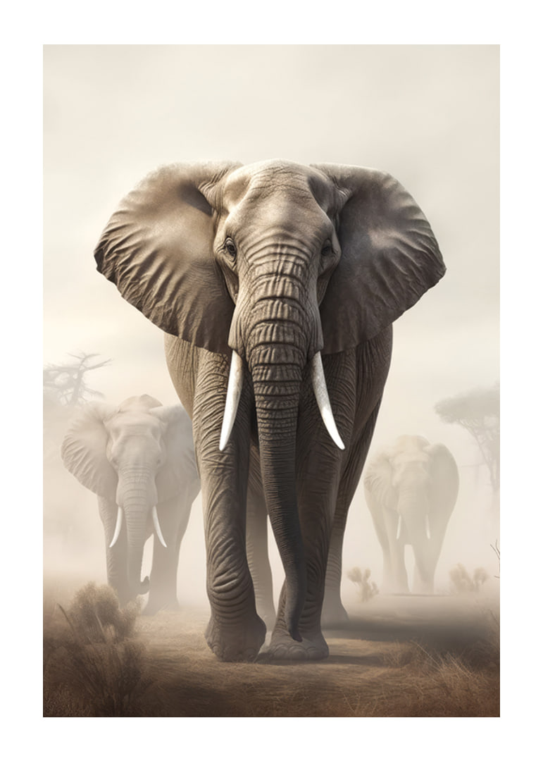 Photorealistic herd of elephants on dusty savannah in soft tones-12