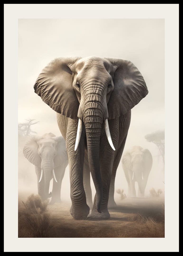 Photorealistic herd of elephants on dusty savannah in soft tones-12