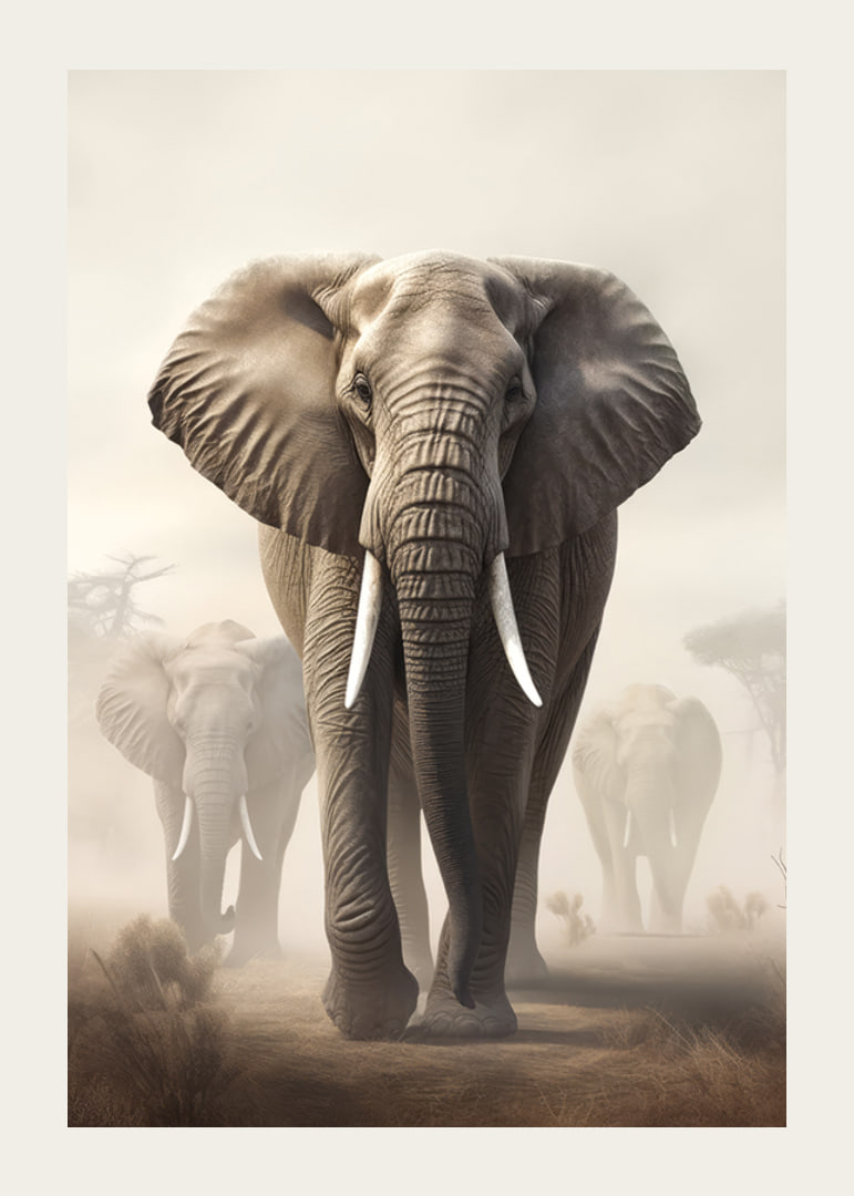 Photorealistic herd of elephants on dusty savannah in soft tones-12