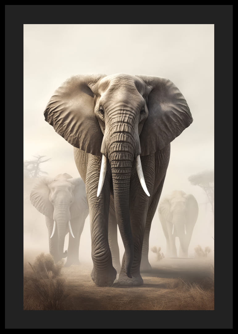 Photorealistic herd of elephants on dusty savannah in soft tones-12