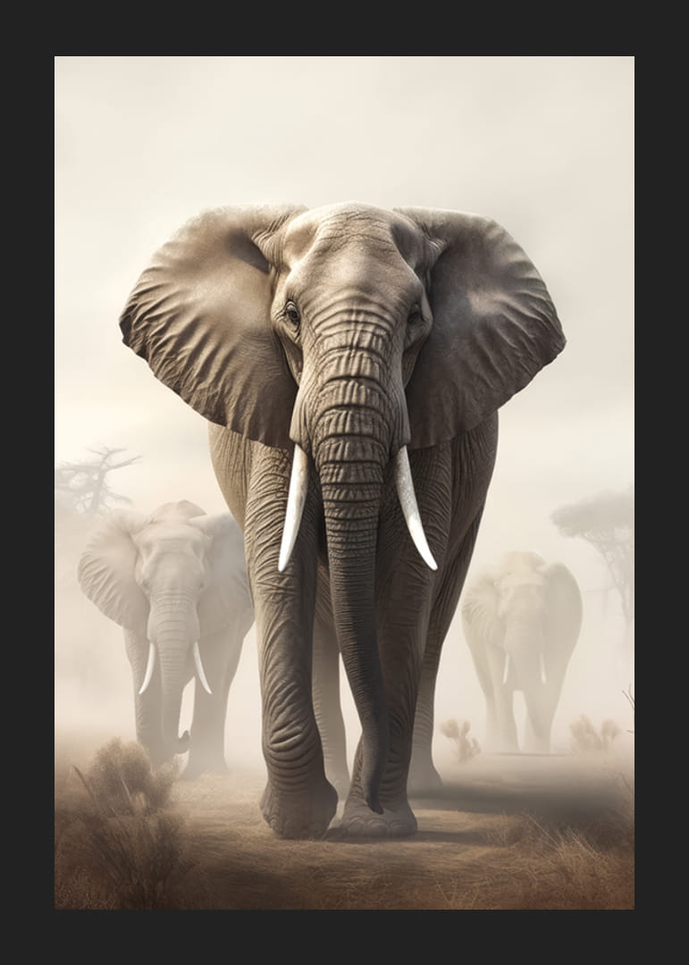 Photorealistic herd of elephants on dusty savannah in soft tones-12