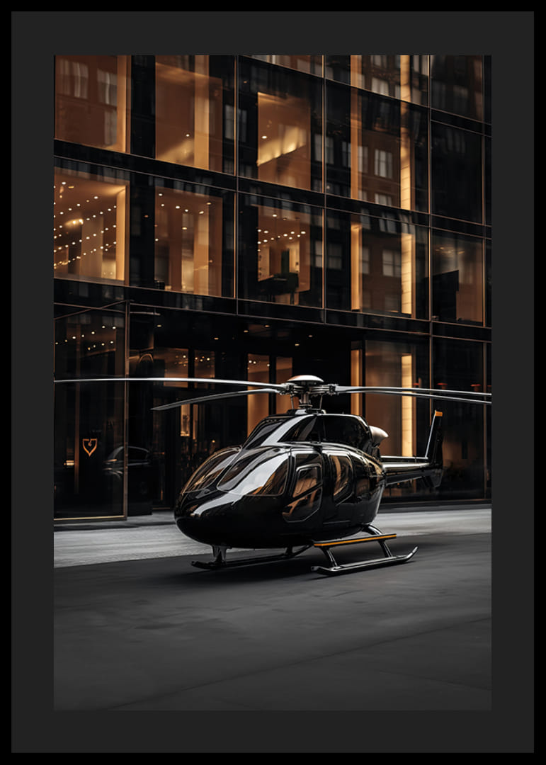 Elicopter negru pe strada orașului în fața fațadei de sticlă în lumina serii-12