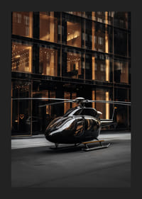 Elicopter negru pe strada orașului în fața fațadei de sticlă în lumina serii-5