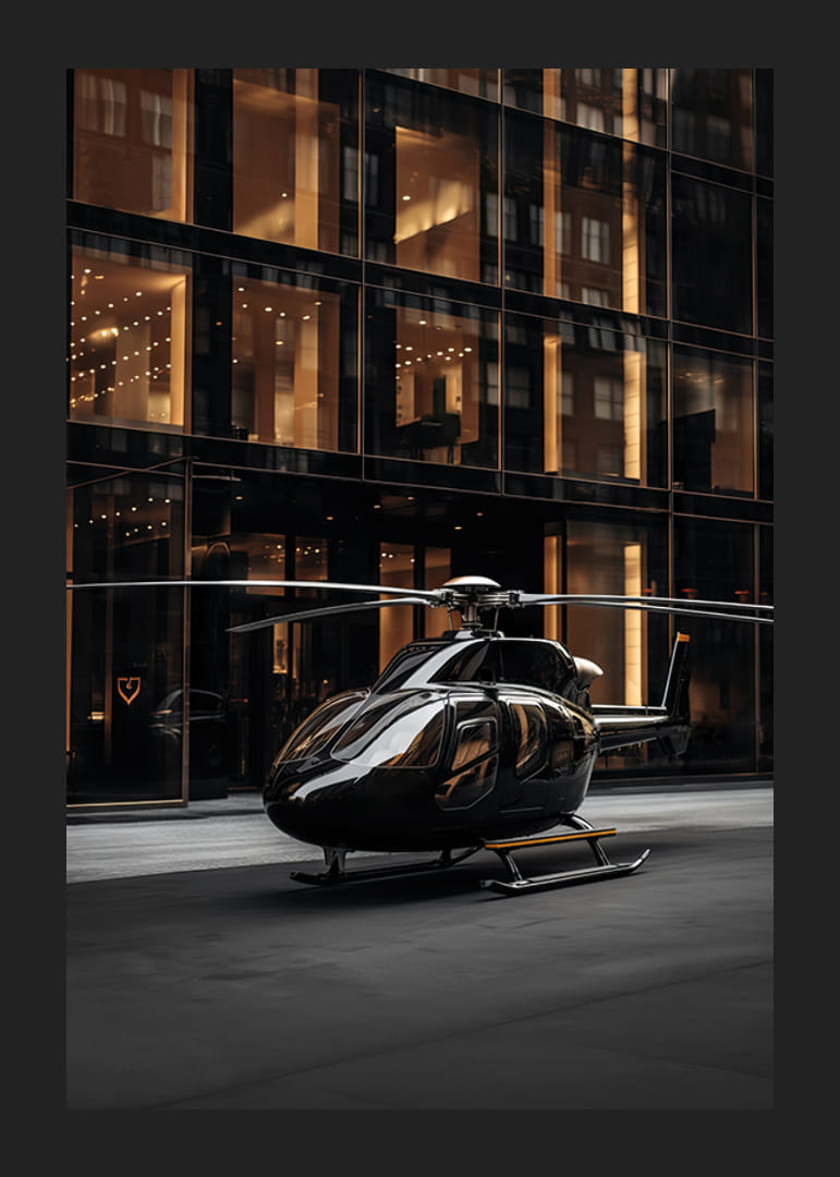 Elicopter negru pe strada orașului în fața fațadei de sticlă în lumina serii-12