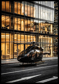 Black helicopter on city street in front of glass facade in evening light-6