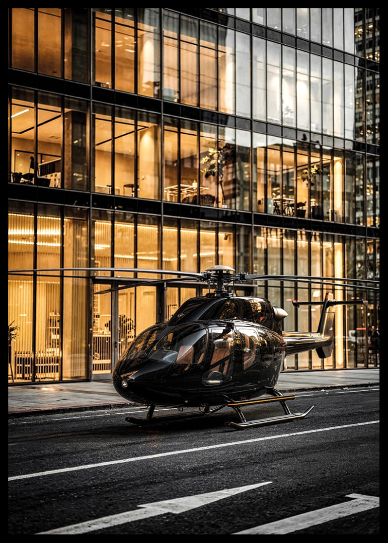 Black helicopter on city street in front of glass facade in evening light-12