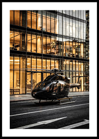 Black helicopter on city street in front of glass facade in evening light-0