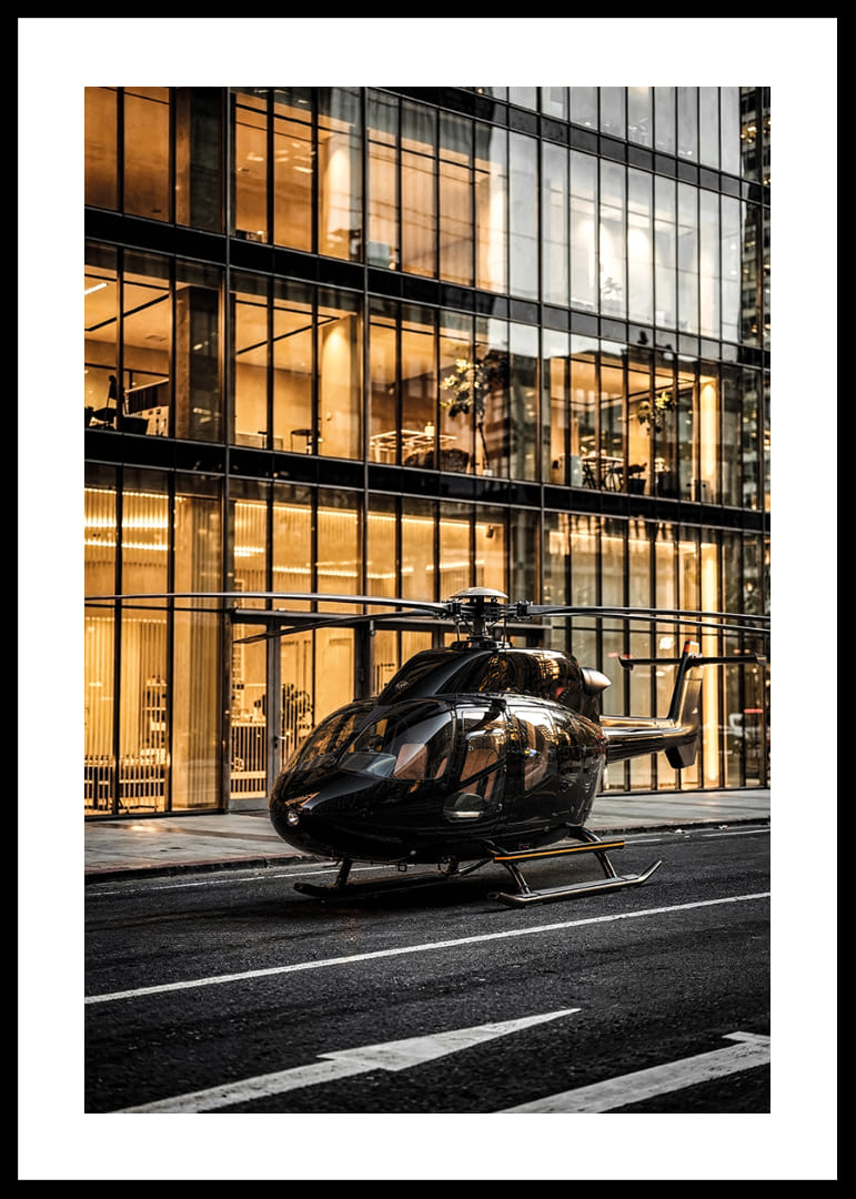 Black helicopter on city street in front of glass facade in evening light-12