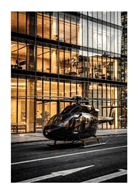 Black helicopter on city street in front of glass facade in evening light-1