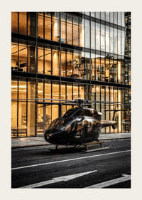 Black helicopter on city street in front of glass facade in evening light-3