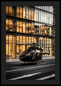 Black helicopter on city street in front of glass facade in evening light-4