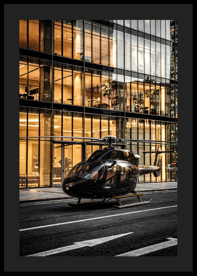 Black helicopter on city street in front of glass facade in evening light-12