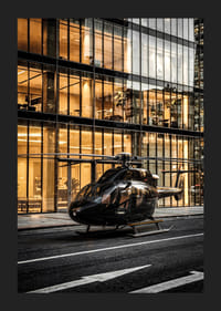 Black helicopter on city street in front of glass facade in evening light-5