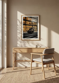 Black helicopter on city street in front of glass facade in evening light-8