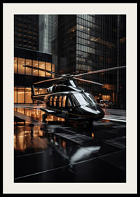 Black helicopter on wet city street among tall glass facades-2