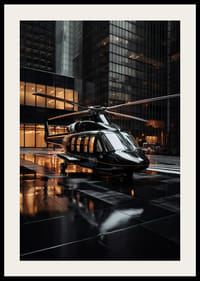 Svart helikopter på våt stadsgata bland höga glasfasader-2