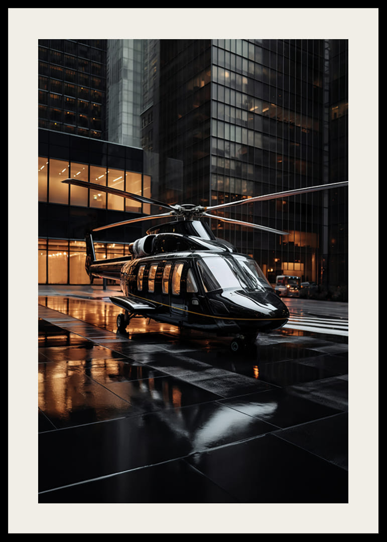 Svart helikopter på våt stadsgata bland höga glasfasader-12