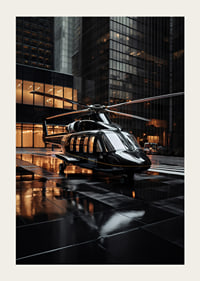 Black helicopter on wet city street among tall glass facades-3