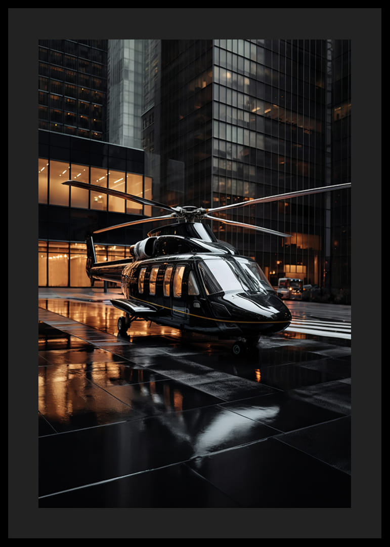Svart helikopter på våt stadsgata bland höga glasfasader-12