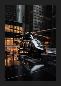 Svart helikopter på våt stadsgata bland höga glasfasader-5