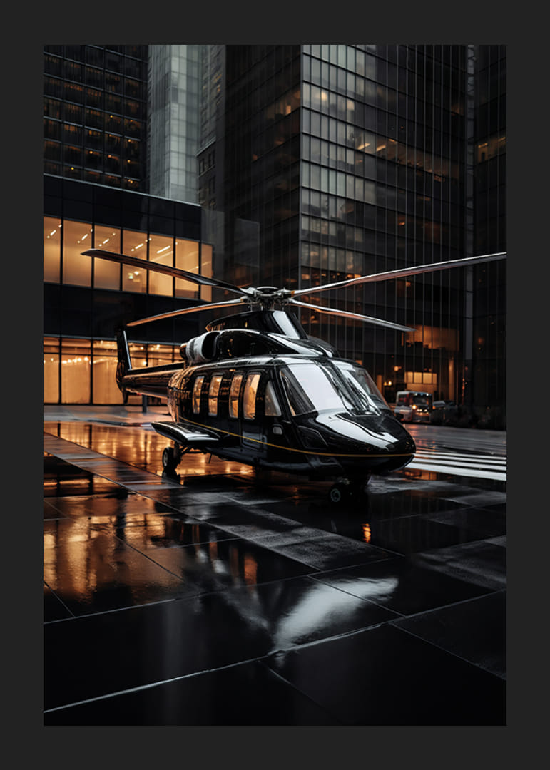 Svart helikopter på våt stadsgata bland höga glasfasader-12