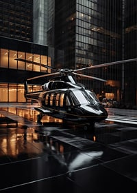 Black helicopter on wet city street among tall glass facades-7