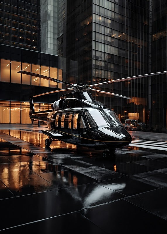 Black helicopter on wet city street among tall glass facades-12