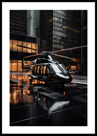 Black helicopter on wet city street among tall glass facades-0