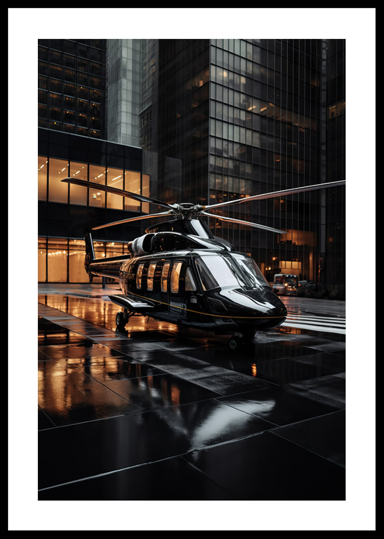 Black helicopter on wet city street among tall glass facades-12