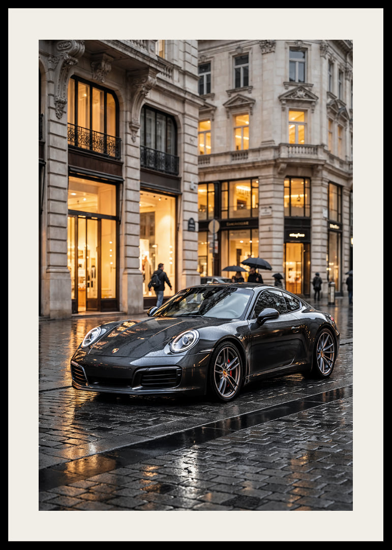 Porsche 911 Carrera in dark gray in front of luxury stores-12