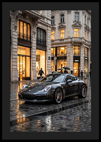 Porsche 911 Carrera in dark gray in front of luxury stores-4