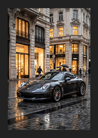 Porsche 911 Carrera in dark gray in front of luxury stores-5