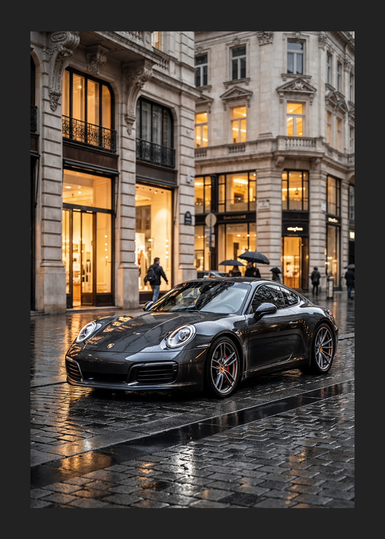 Porsche 911 Carrera i mörkgrått framför lyxiga butiker-12