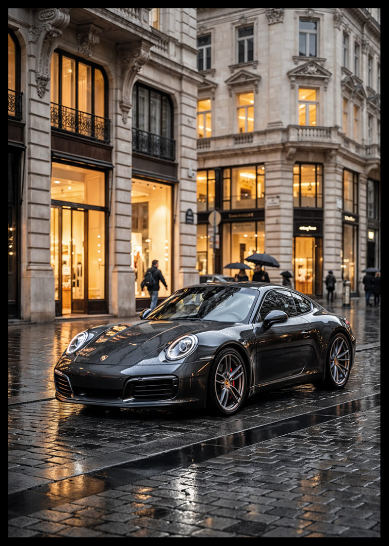 Porsche 911 Carrera i mörkgrått framför lyxiga butiker-12