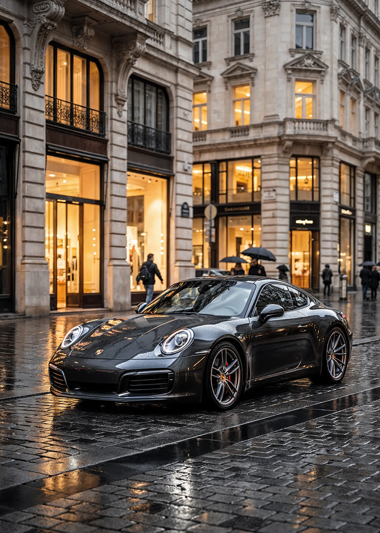 Porsche 911 Carrera i mörkgrått framför lyxiga butiker-12