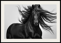 Black horse in close-up with fluttering mane, black and white style-2