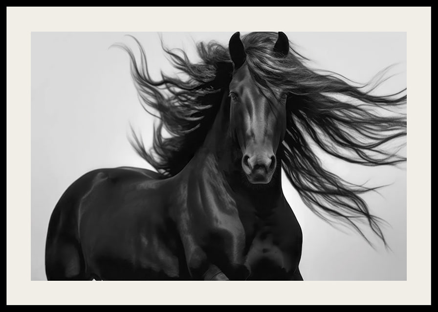 Black horse in close-up with fluttering mane, black and white style-12