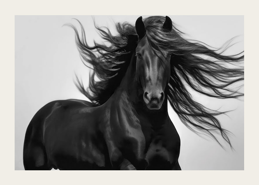 Black horse in close-up with fluttering mane, black and white style-12