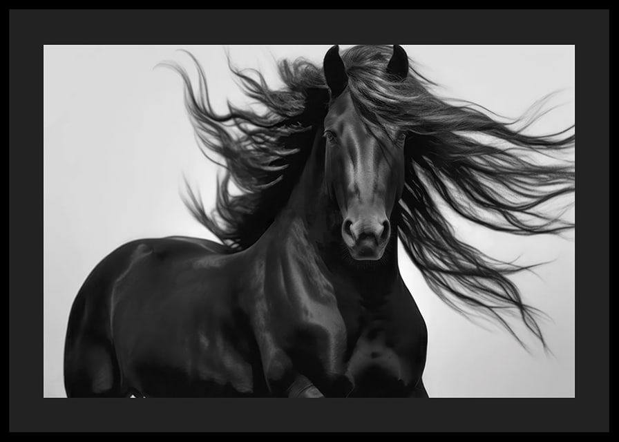 Black horse in close-up with fluttering mane, black and white style-12