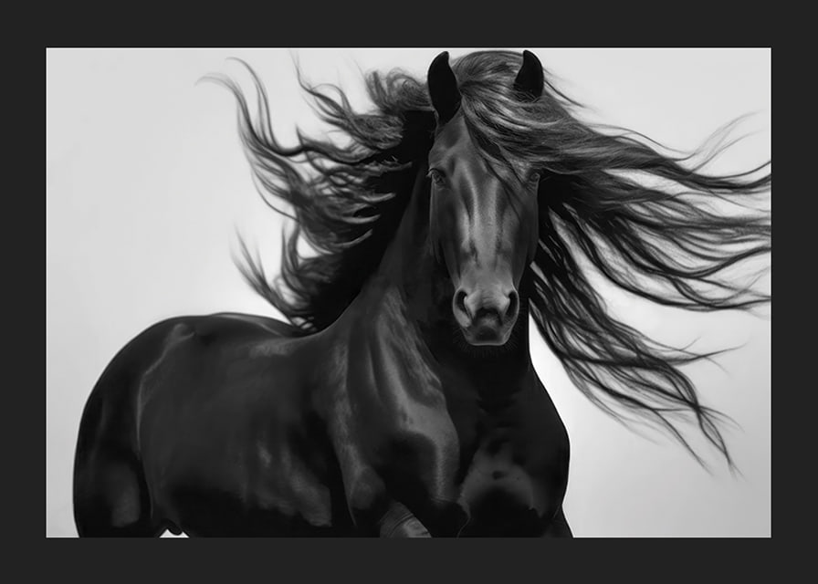 Black horse in close-up with fluttering mane, black and white style-12