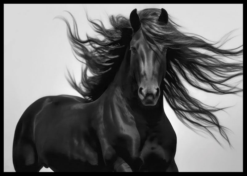 Black horse in close-up with fluttering mane, black and white style-12