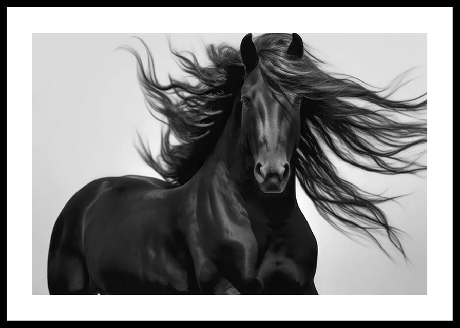 Black horse in close-up with fluttering mane, black and white style-12