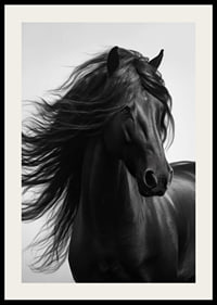 Black and white close-up of black horse with fluttering mane-2